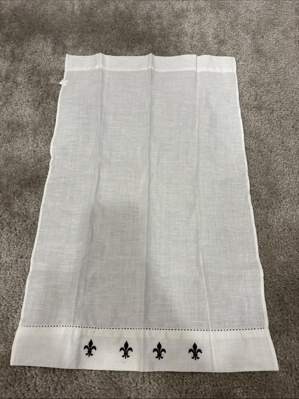 White Linen Tea Towel with Black Fleur-de-Lis Embroidery